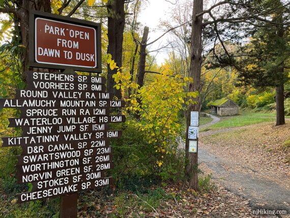 Tall wooden sign with arrows indicating distance to various New Jersey parks.