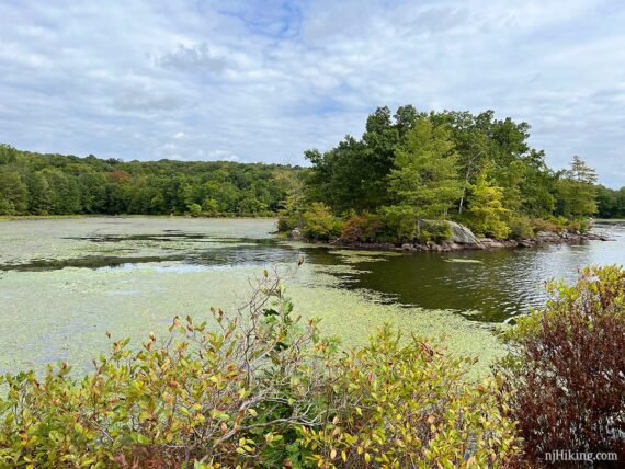 Island seen on a reservoir.