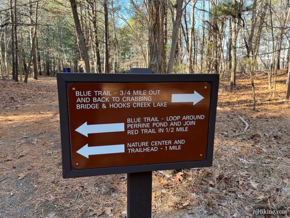 Trail sign for the blue trail with directional arrows.