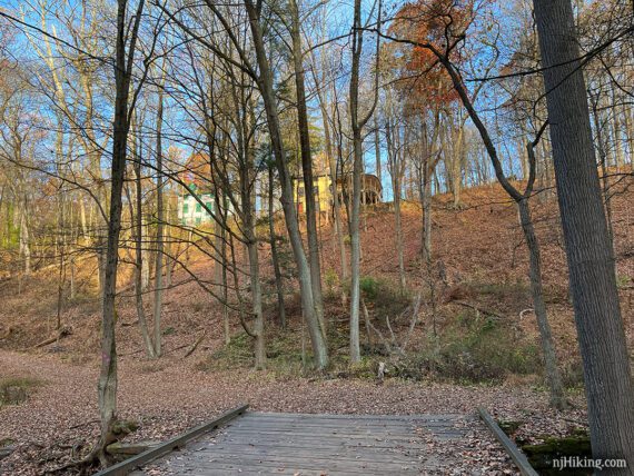 Buildings on a hill in the distance with a wooden footbridge in the foreground.