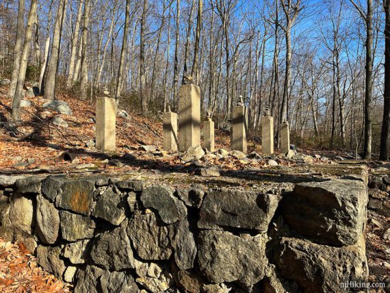 Stone building foundation ruins with stone support pillars on top.