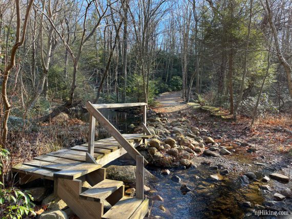 Wooden footbridge over a shallow rocky stream.