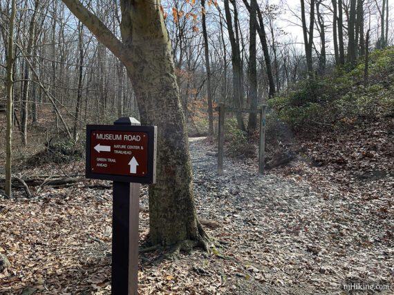 Trail sign for museum road and green trail.