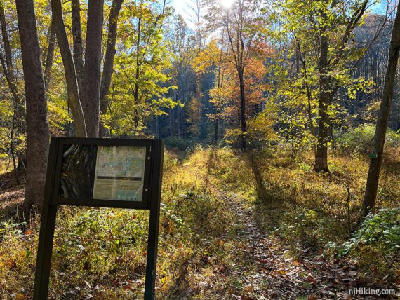 Trail sign next to a leaf covered trail.