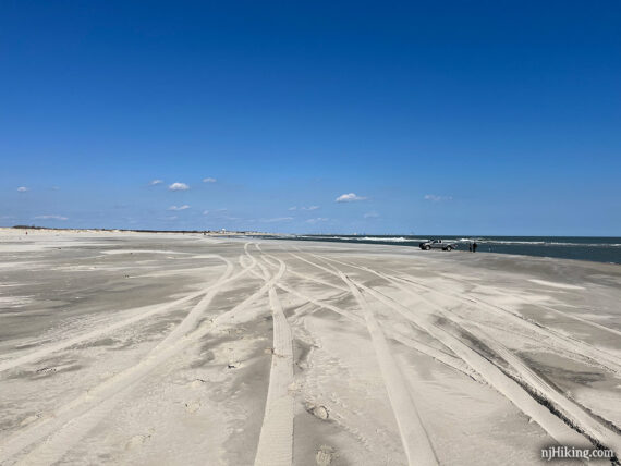 Tire tracks on a beach with people fishing near a truck.