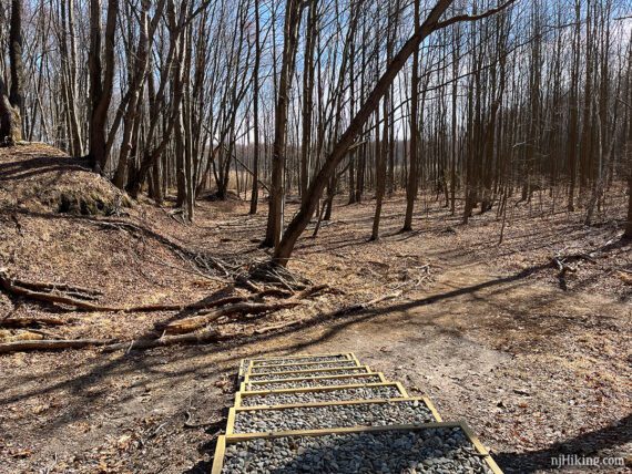 Large trail steps filled with small stones.