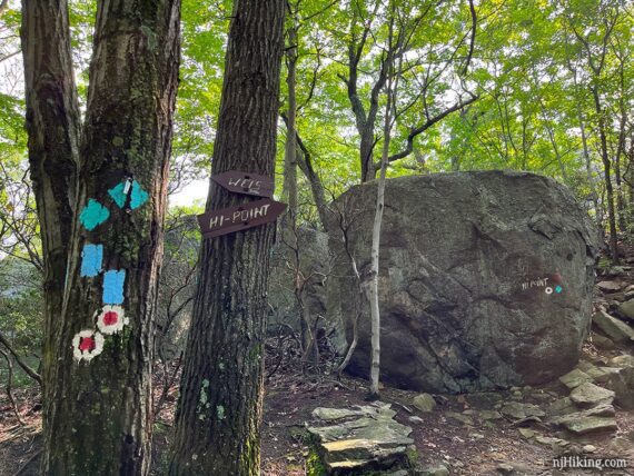 Trail blazes and signs marking the way to Wyanokie High Point.