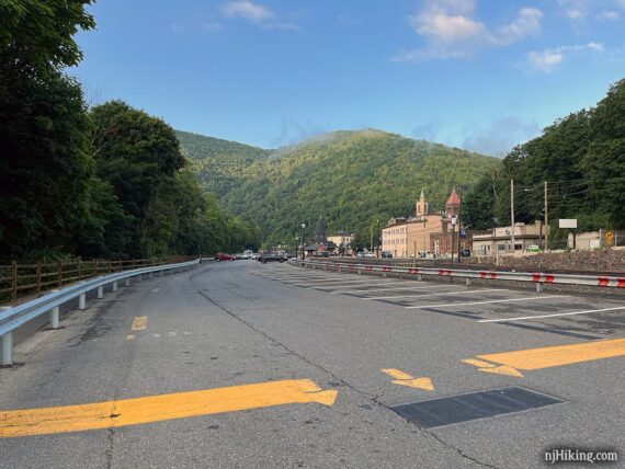 Large parking lot in the town of Jim Thorpe for the Lehigh Gorge Trail.