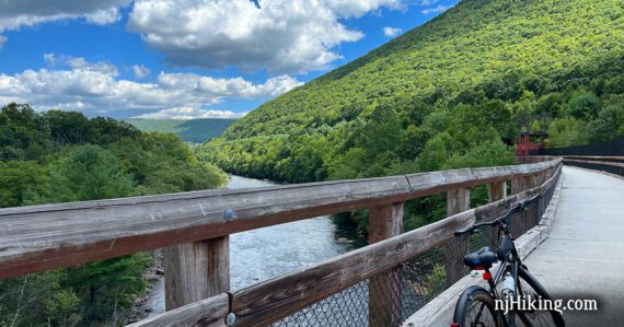 View of Lehigh Gorge from a bike trail on a bridge.