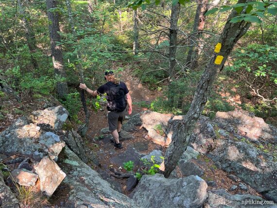 Hiker negotiating a rocky trail.