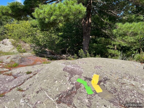Bright green and yellow angled trail markers on a large rock.