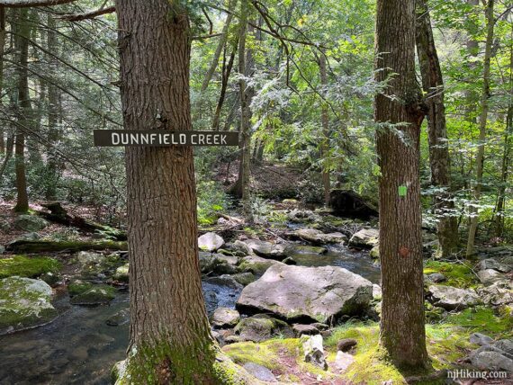 Dunnfield Creek wood trail sign next to a rock filled stream.