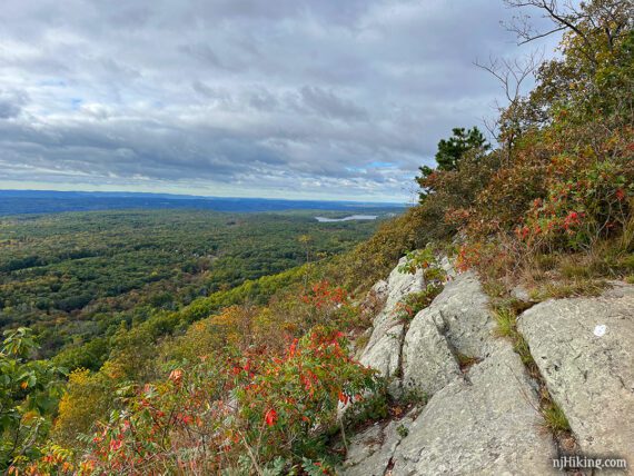 Rocky outcrop with a white blaze overlooking a valley.