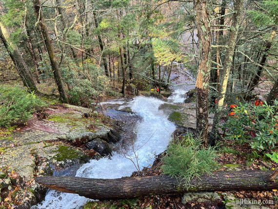 Looking down a heavily flowing waterfall.