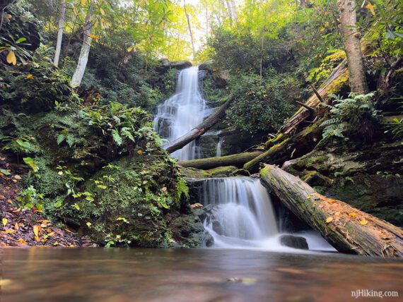 Two tiers of a waterfall cascading into a pool seen from a low angle.