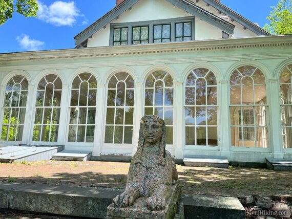 Sphinx sculpture outside of Ringwood Manor.