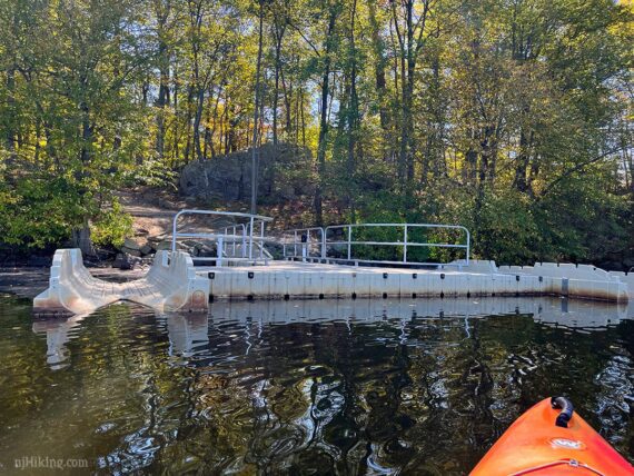 Splitrock Reservoir floating kayak launch seen from the water.