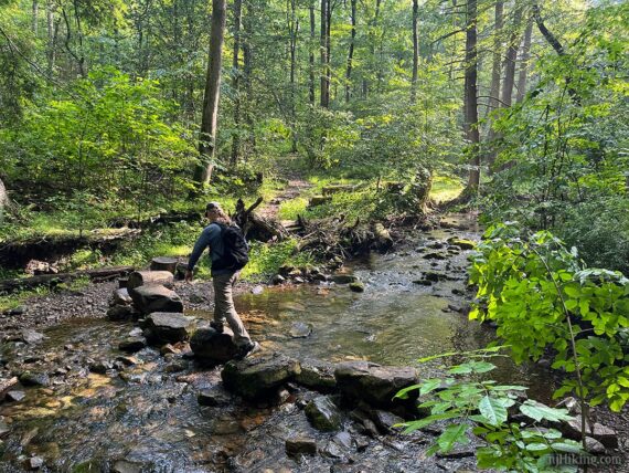 Hiker crossing Dunnfield Creek on rocks.