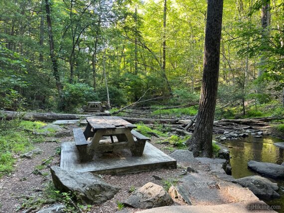 Wooden picnic tables by a stream.
